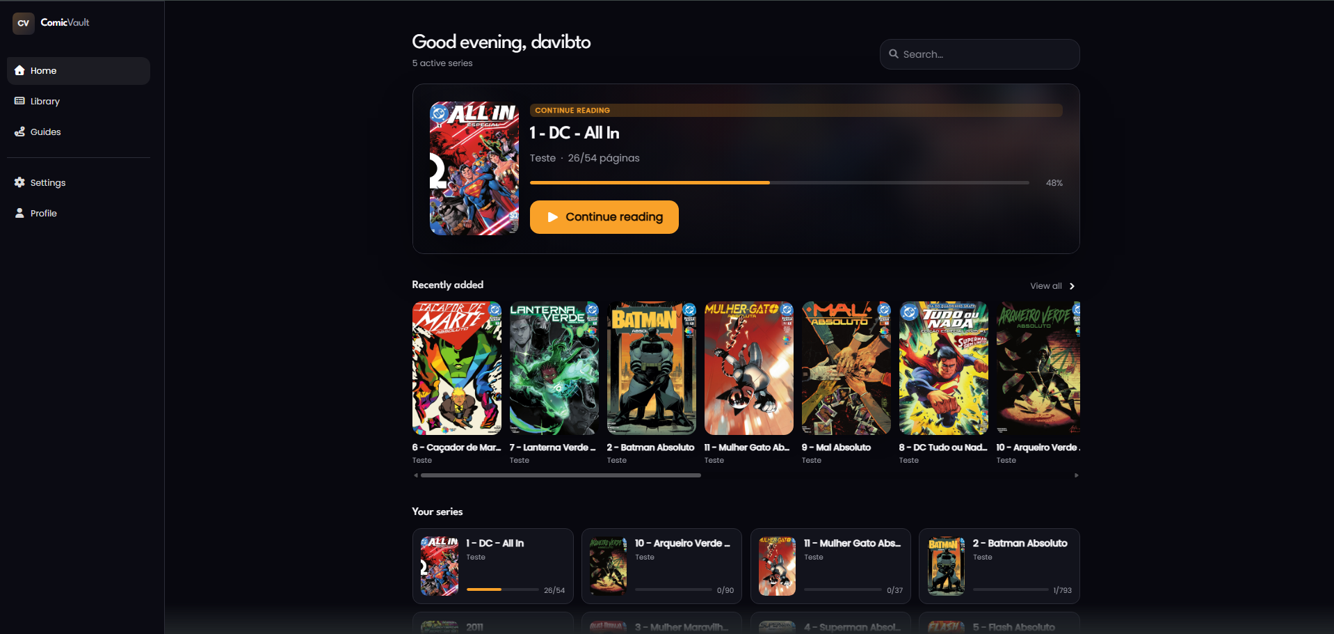 ComicVault home with reading progress, recently added comics and series